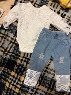 Infant Lace-Trim Denim Jeggings - White & Light Blue